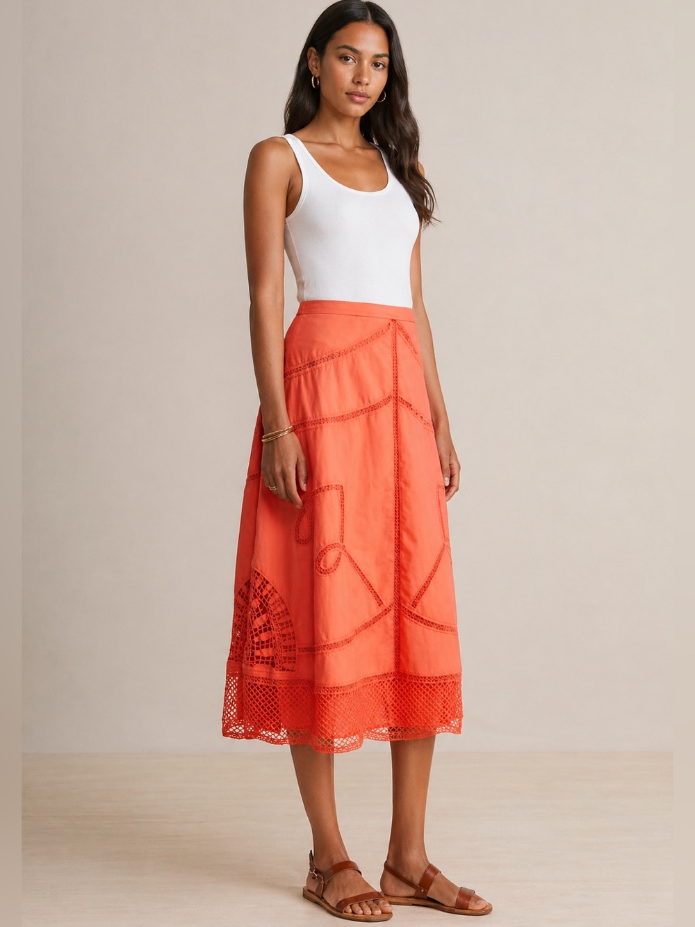 VINEYARD VINES | NEW Cotton Lace Inset Midi Skirt in Coral, Size Small (Sample)